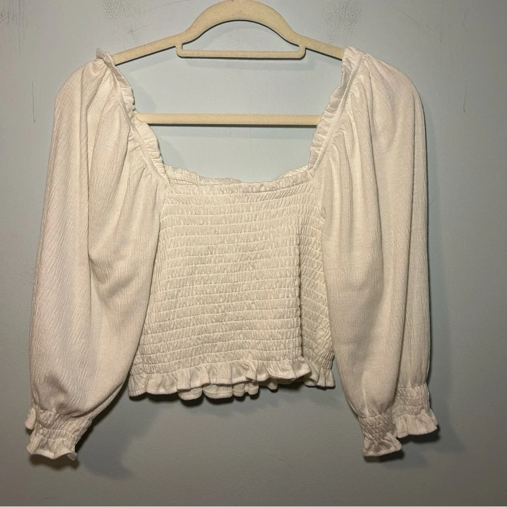 Free People White Brenyce Smocked Puff Sleeve Ruched Crop Size Medium